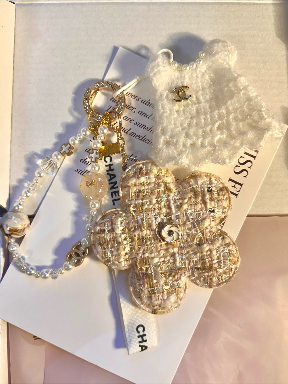 Authentic CC Ribbon With handmade Pearl, Beads & Tweed Camellia Dress Bag Charm
